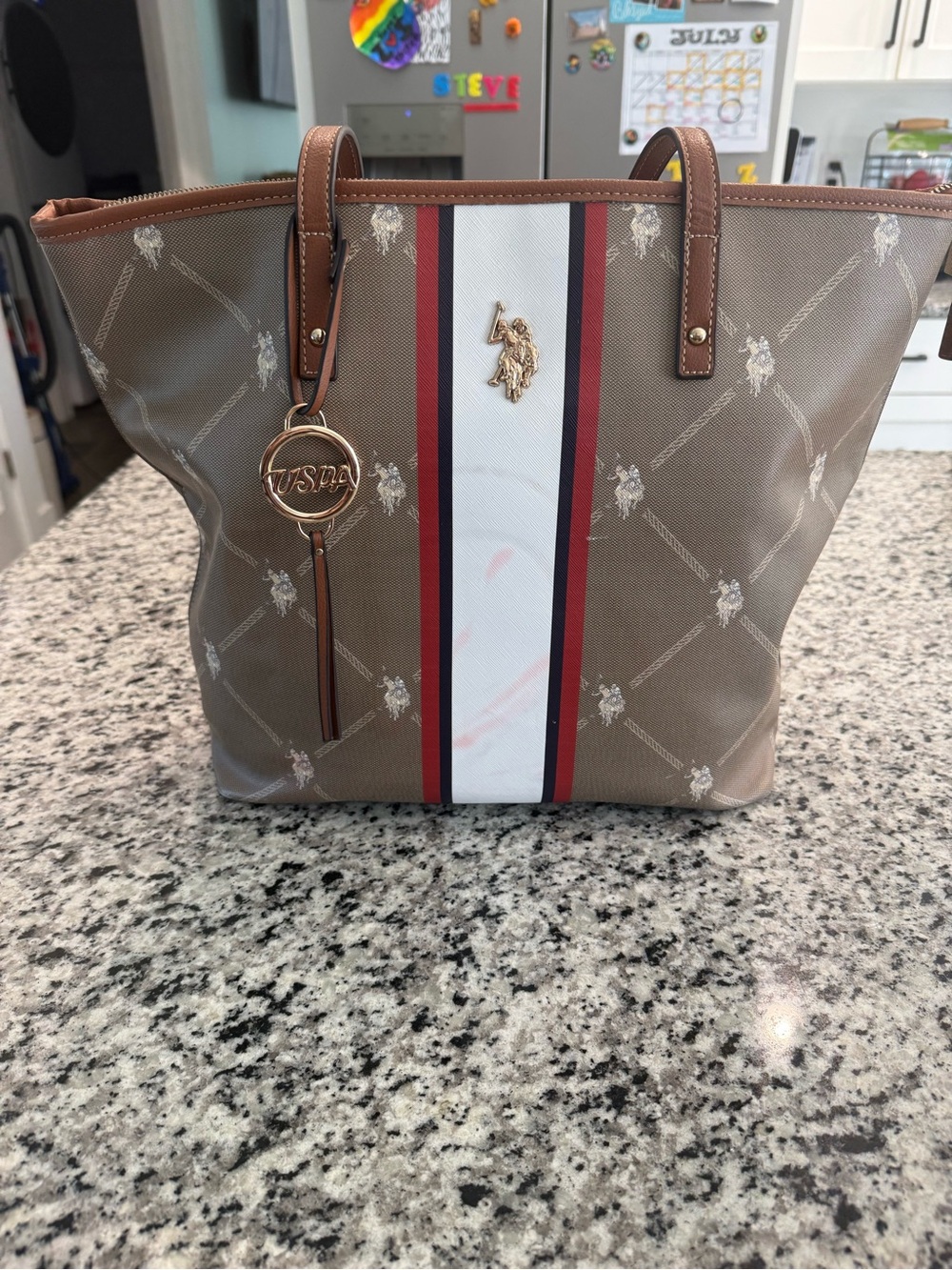 U.S. Polo Assn. Taupe Tote with White, Red and Navy Center Stripe